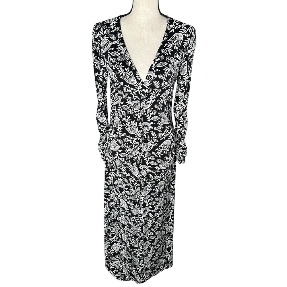 Boden Ruched Sleeves V-Neck Jersey Floral Maxi Dress Black White Sz 8P